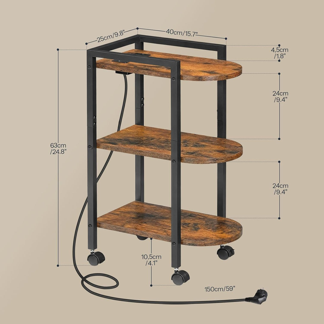 HOOBRO Schmaler Beistelltisch mit Ladestation, Sofatisch, 3-stufiger Couchtisch, Nachttisch mit Roll