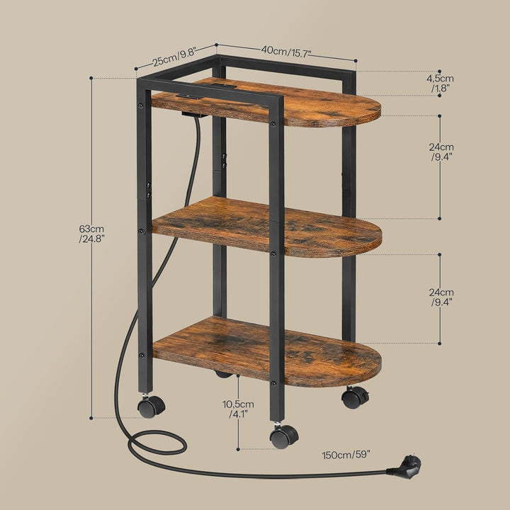 HOOBRO Schmaler Beistelltisch mit Ladestation, Sofatisch, 3-stufiger Couchtisch, Nachttisch mit Roll