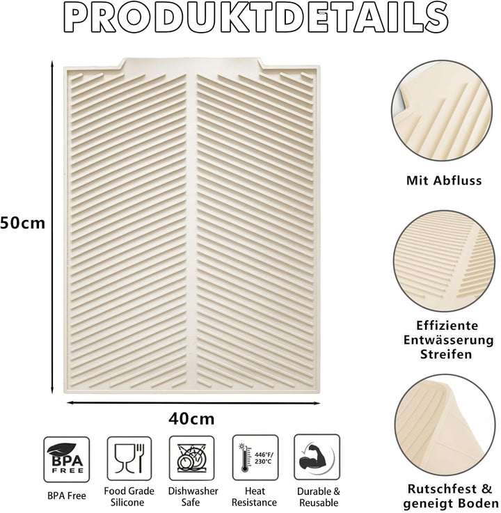 Abtropfmatte Geschirr Silikon 50 x 40 cm, Wasserablauf, Cremeweiss | Grosse Trockenfläche, Wasserabl
