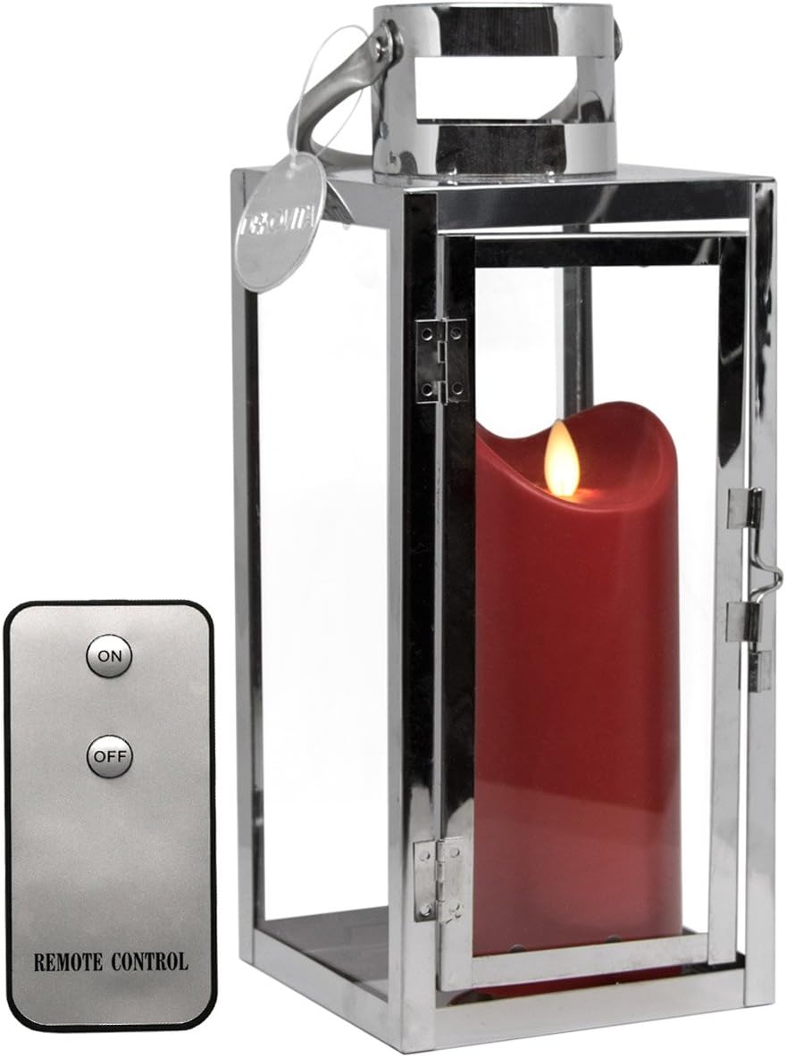 Dekovita Edelstahl-Laterne - 30cm Gartenlaterne mit 18cm Outdoor LED Kerze in Rot mit Timer Fernbedi