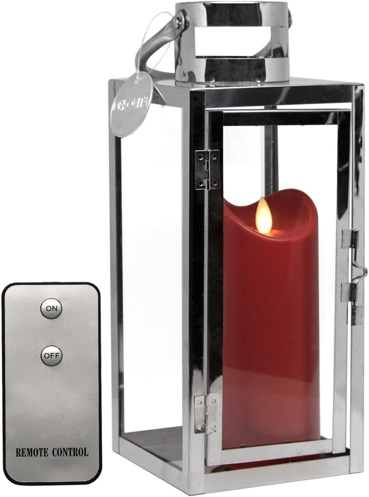 Dekovita Edelstahl-Laterne - 30cm Gartenlaterne mit 18cm Outdoor LED Kerze in Rot mit Timer Fernbedi