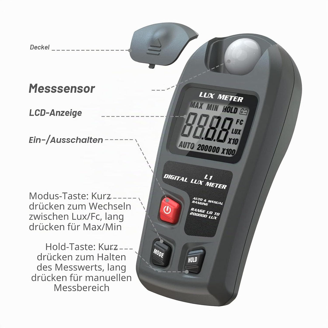 Digitales Beleuchtungsstärkemessgerät, Handlichtmessgerät, Reichweite Bis zu 200.000 Lux, Luxmeter m