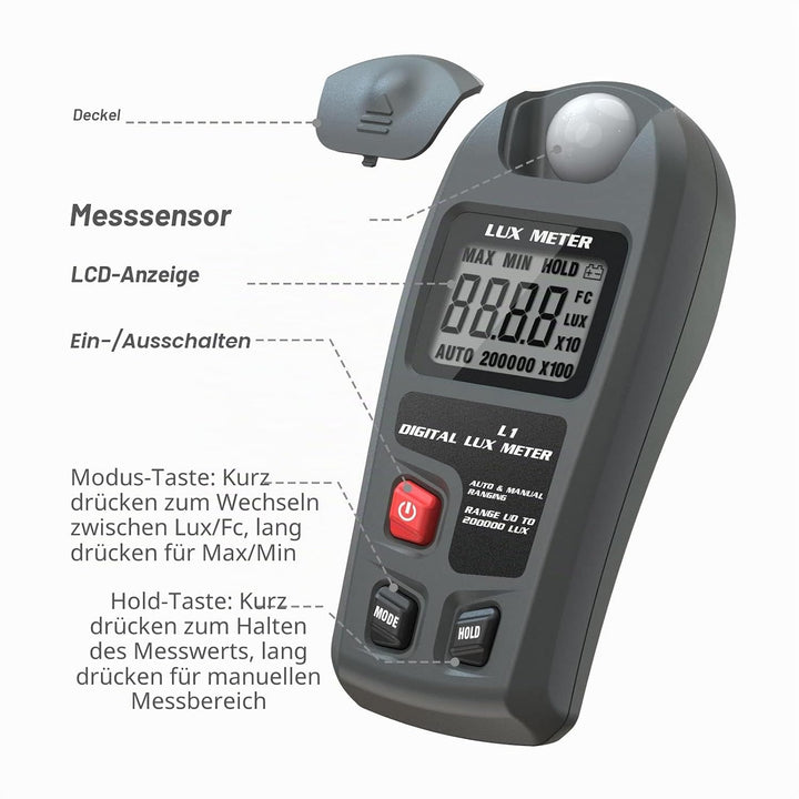 Digitales Beleuchtungsstärkemessgerät, Handlichtmessgerät, Reichweite Bis zu 200.000 Lux, Luxmeter m