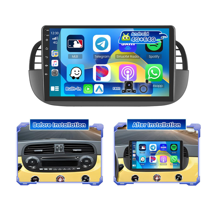 Hikity 4G+64G Autoradio Android 15 für FIAT 500 2007-2015 mit 9-Zoll-Touchscreen, Stereo 2 DIN mit W