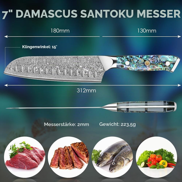 Home Safety Damastmesser Santoku Messer mit extrem Scharf 18cm Klinge aus 67 Lagen VG-10 Damaststahl