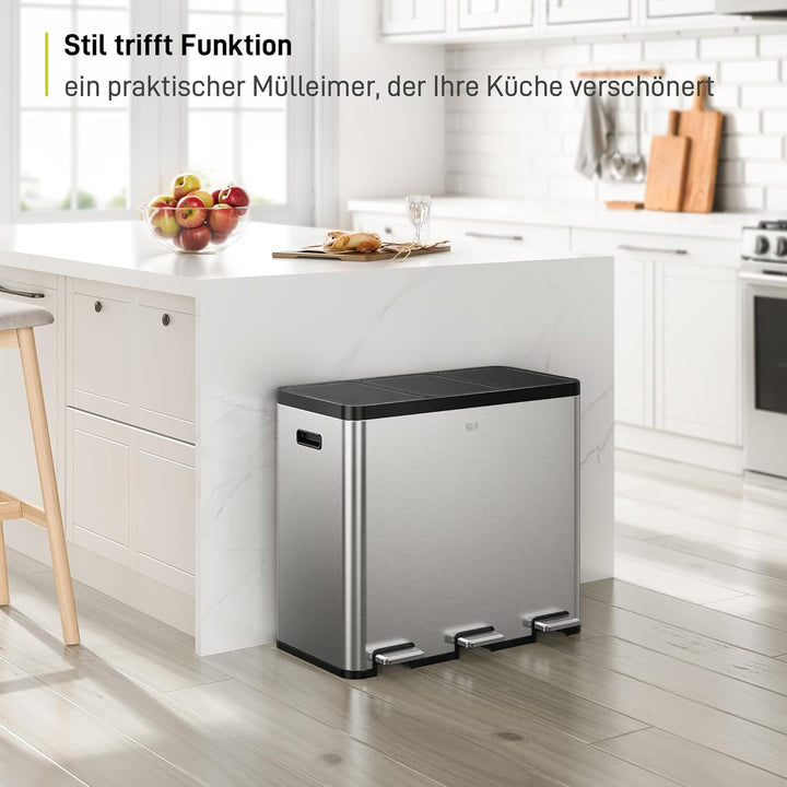 EKO Essential Mülleimer 3 Fächer, 3 x 20 L, Mülltrennsystem Küche, inklusive 20 Müllbeutel, Tretmüll
