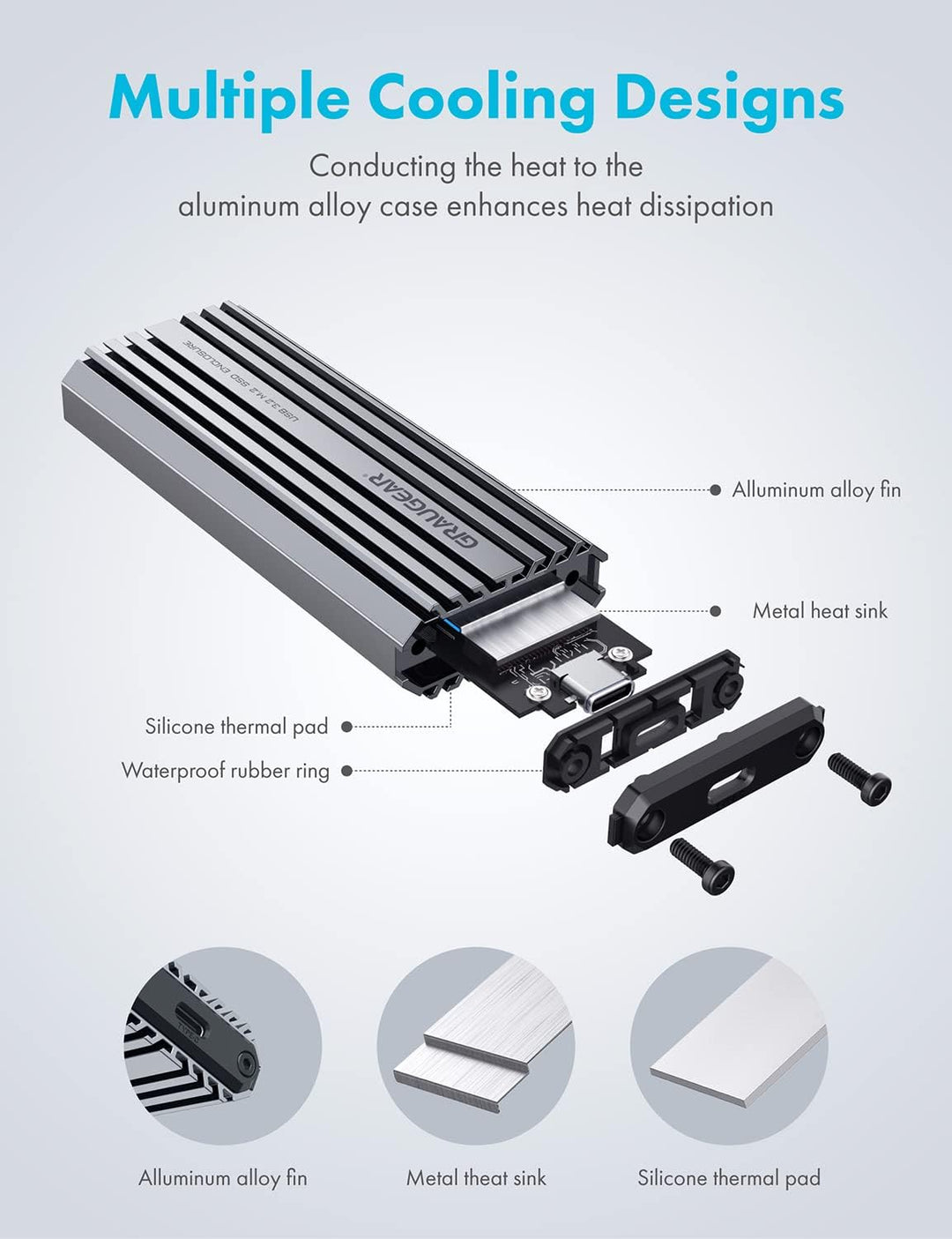 GRAUGEAR | Aluminium-Gehäuse f. M.2 NVMe SSD | USB 3.2 (Gen2, 10 Gbit/s) | Zwei Kabel USB-C & USB-A
