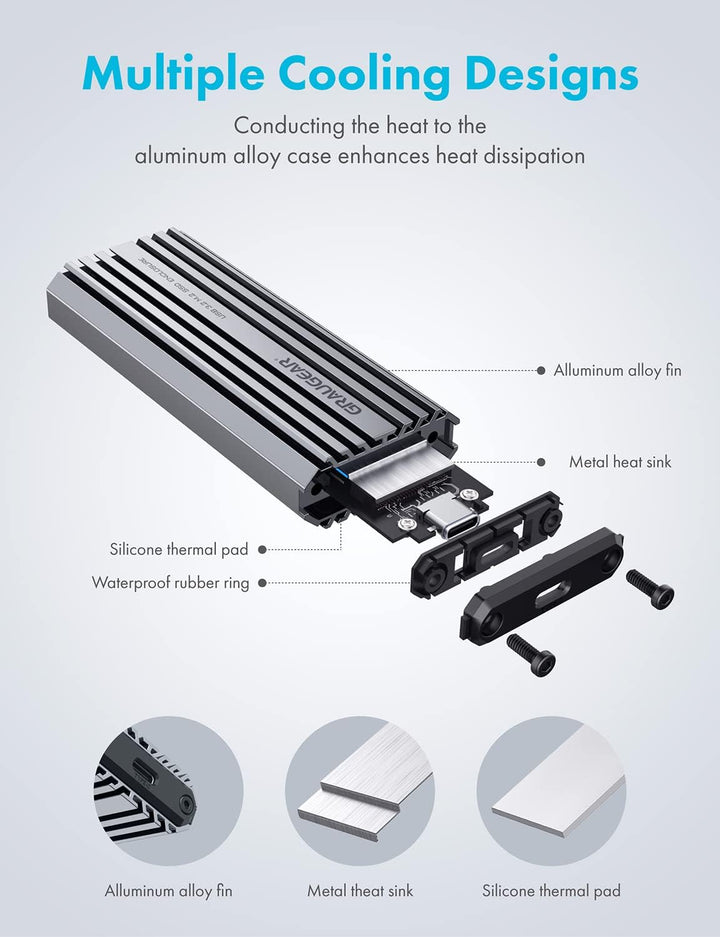 GRAUGEAR | Aluminium-Gehäuse f. M.2 NVMe SSD | USB 3.2 (Gen2, 10 Gbit/s) | Zwei Kabel USB-C & USB-A
