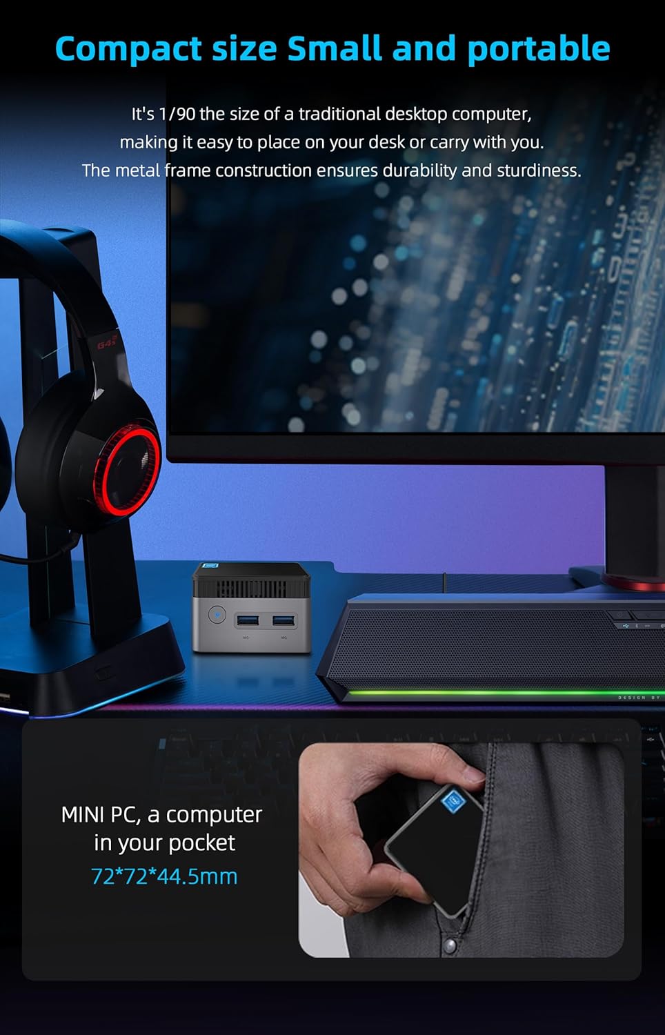 WayPonDEV BY53 Twin Lake N150 Mini Computer, Windows 11 Mini PC, LPDDR5 RAM mit Unterstützung für Zw