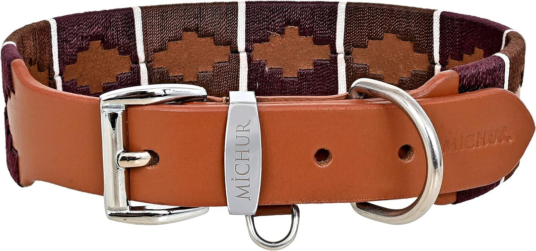 MICHUR Pippa Braun Blau Türkis Baumwollgarn Hundehalsband Leder, Lederhalsband Hund, Halsband, Leder