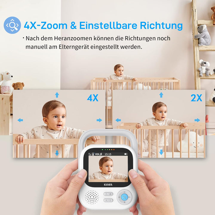 KAWA Baby Monitor with 2 Cameras, 7.11 cm (2.8 Inch) 2K HD Camera, No WiFi, Night Vision, Recording