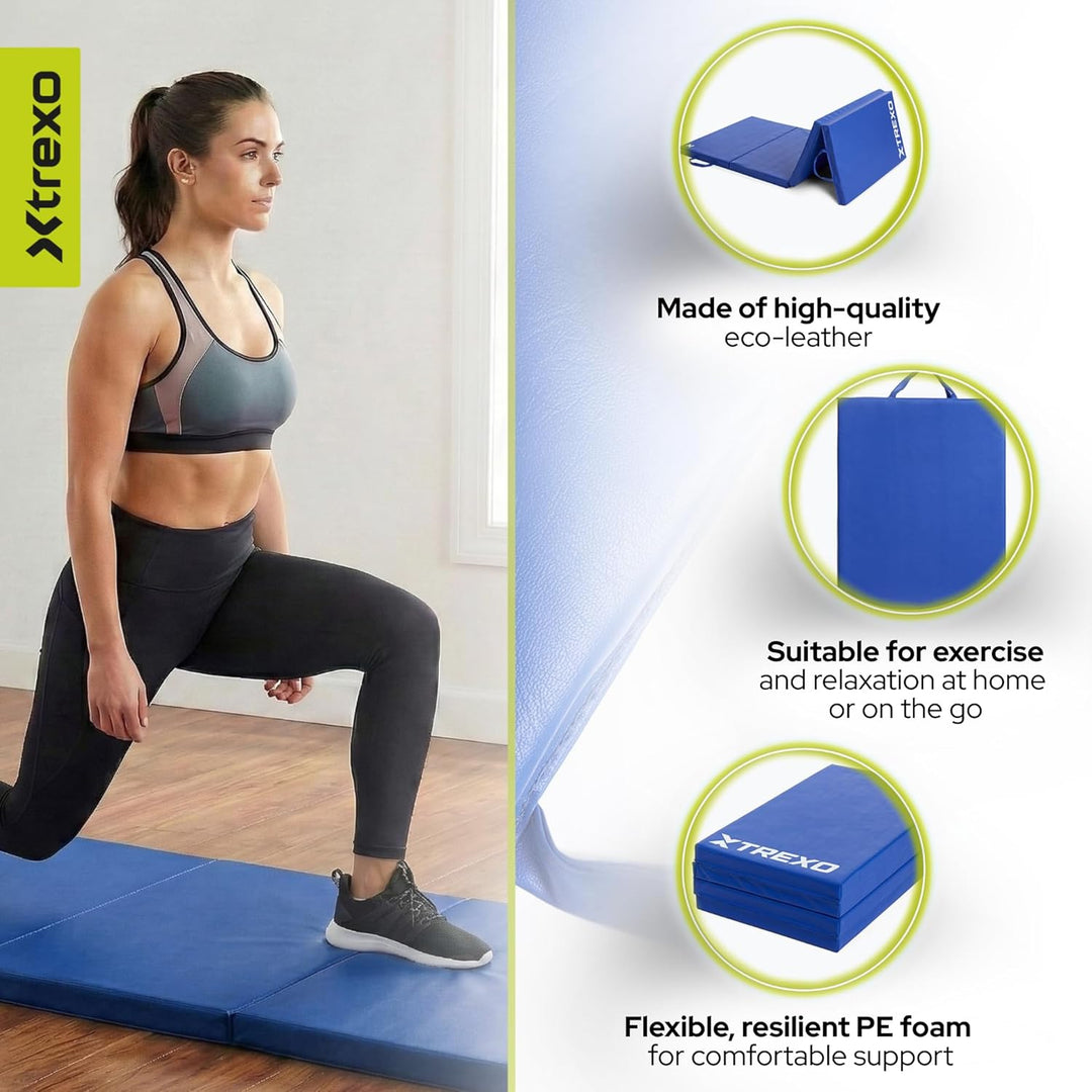 TREXO Faltbare Gymnastikmatratze - 3-teilig, abriebfester Öko-Lederbezug, flexibler PE-Schaum, Trage