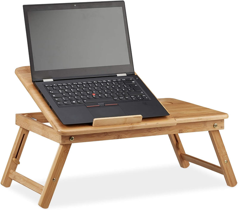 Relaxdays, Natur Höhenverstellbarer Laptoptisch fürs Bett, Bambus Notebooktisch m. Schublade, HxBxT: