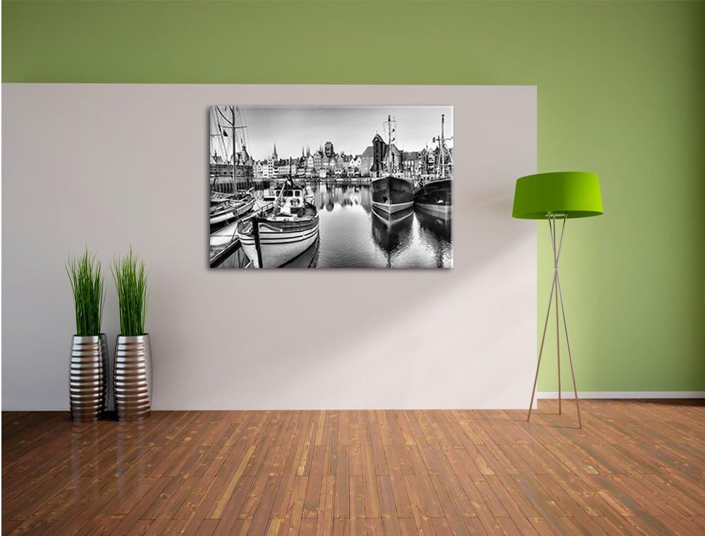 Pixxprint Hafen in der Dämmerung / 100x70cm Leinwandbild bespannt auf Holzrahmen/Wandbild Kunstdruck