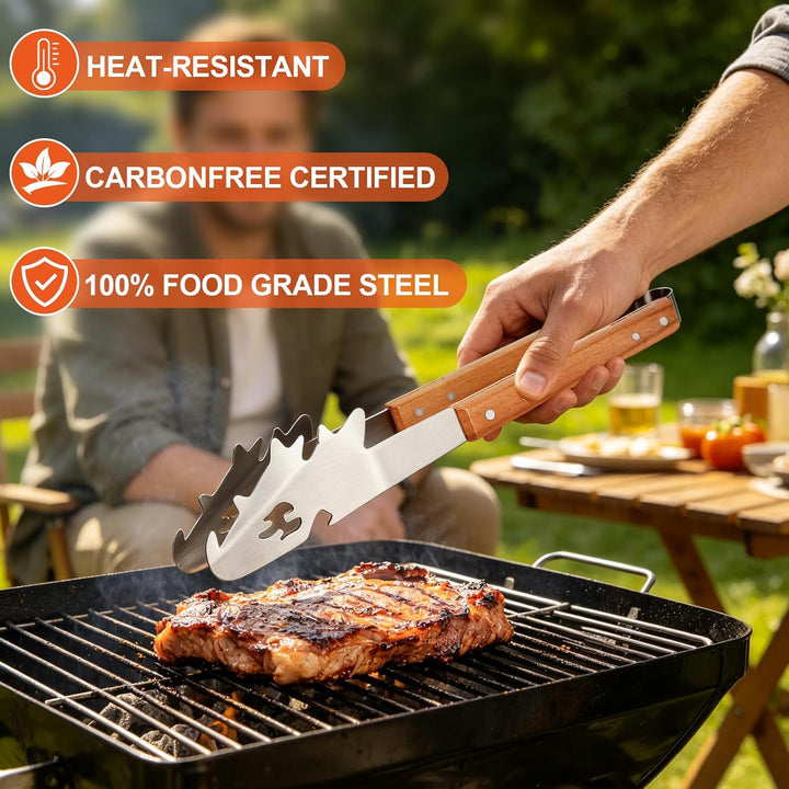Grillbesteck Set 3-TLG,Grill Zubehör Set mit Extra-Langen Holzgriff und Tragetasche,Edelstahl,Antiro