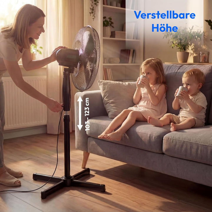 MEDION Standventilator mit Fernbedienung, drei Geschwindigkeitsstufen, 45 Watt Leistung, 36 cm, Schw