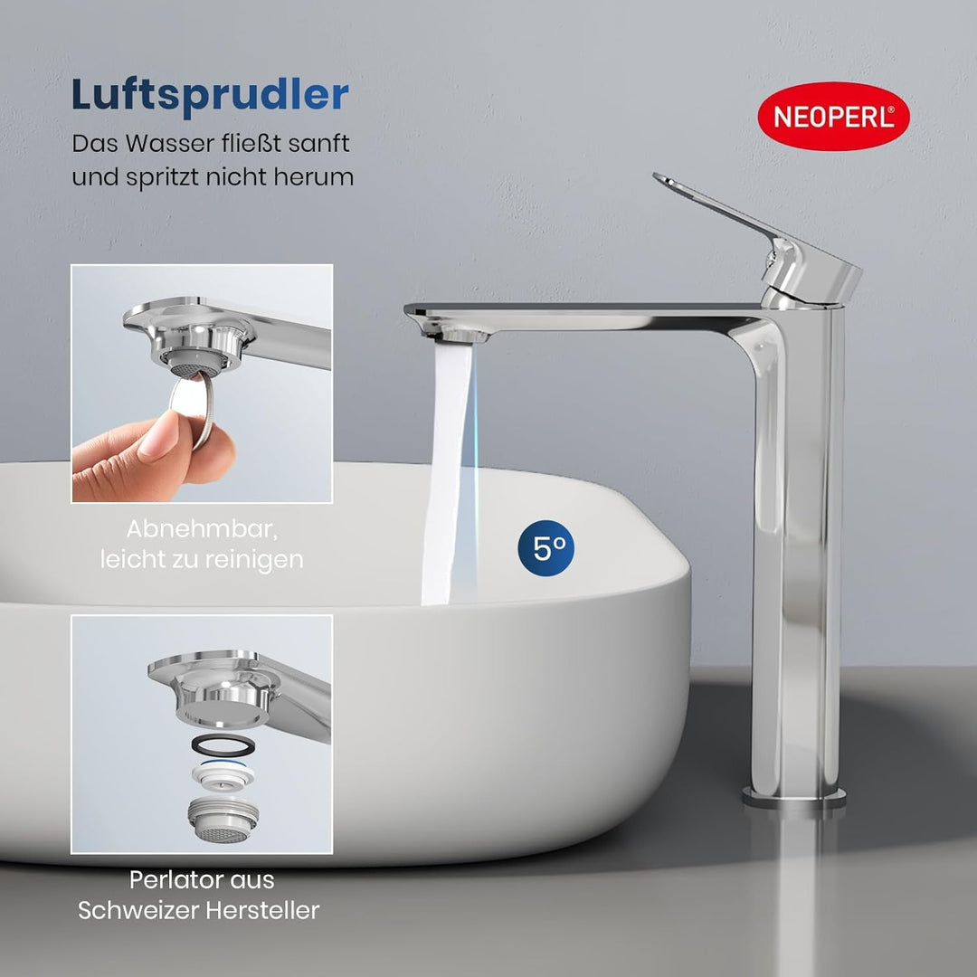 EMKE Waschtischarmatur Chrom, Wasserhahn Bad Mischbatterie Ultrathin, German 4MS Kupfer mit DVGW Zer