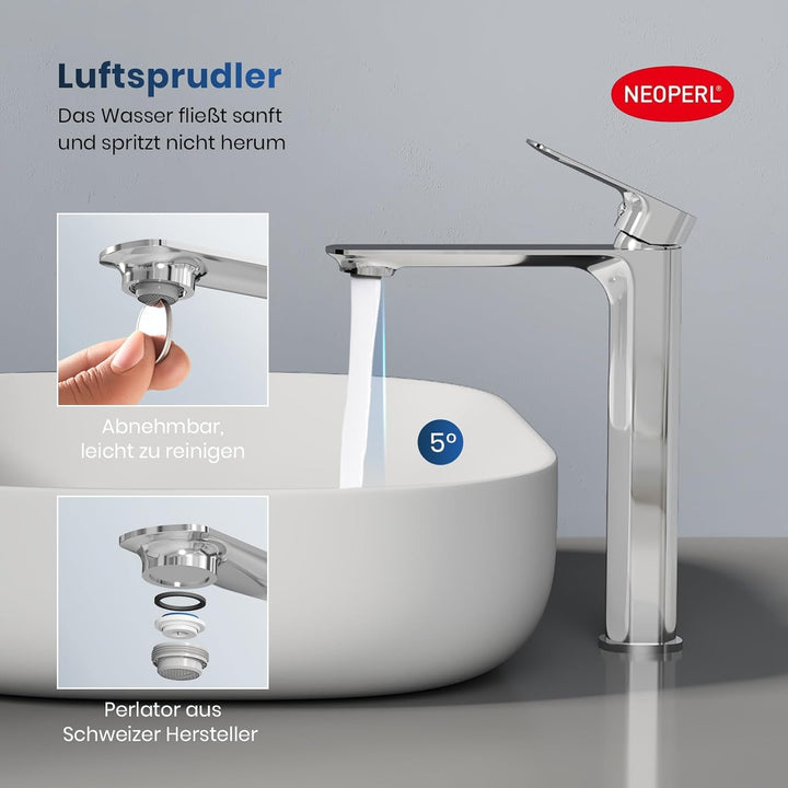 EMKE Waschtischarmatur Chrom, Wasserhahn Bad Mischbatterie Ultrathin, German 4MS Kupfer mit DVGW Zer