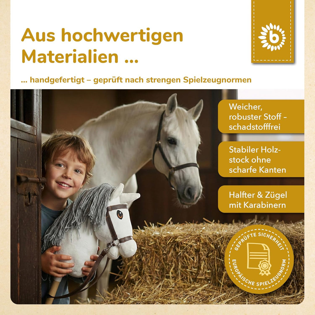 Bieco personalisiertes Hobby Horse Steckenpferd Schimmel - Grösse M, mit Trense | Abnehmbarer Stock