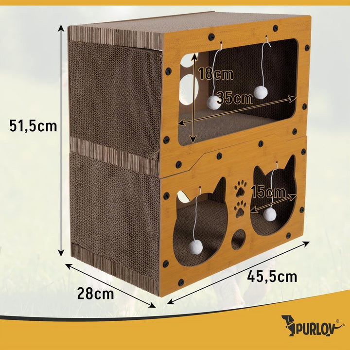 Purlov Katzen Kratzhaus 3-in-1 mit 2 Etagen – HDF &amp; extra Feste Wellpappe, Kratzmöbel &amp; Liegeplatz f