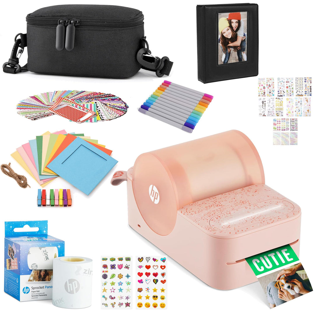 HP Sprocket Panorama Tragbarer Sofort-Farbetiketten- und Fotodrucker (Rosa), Geschenkpaket mit Etui,
