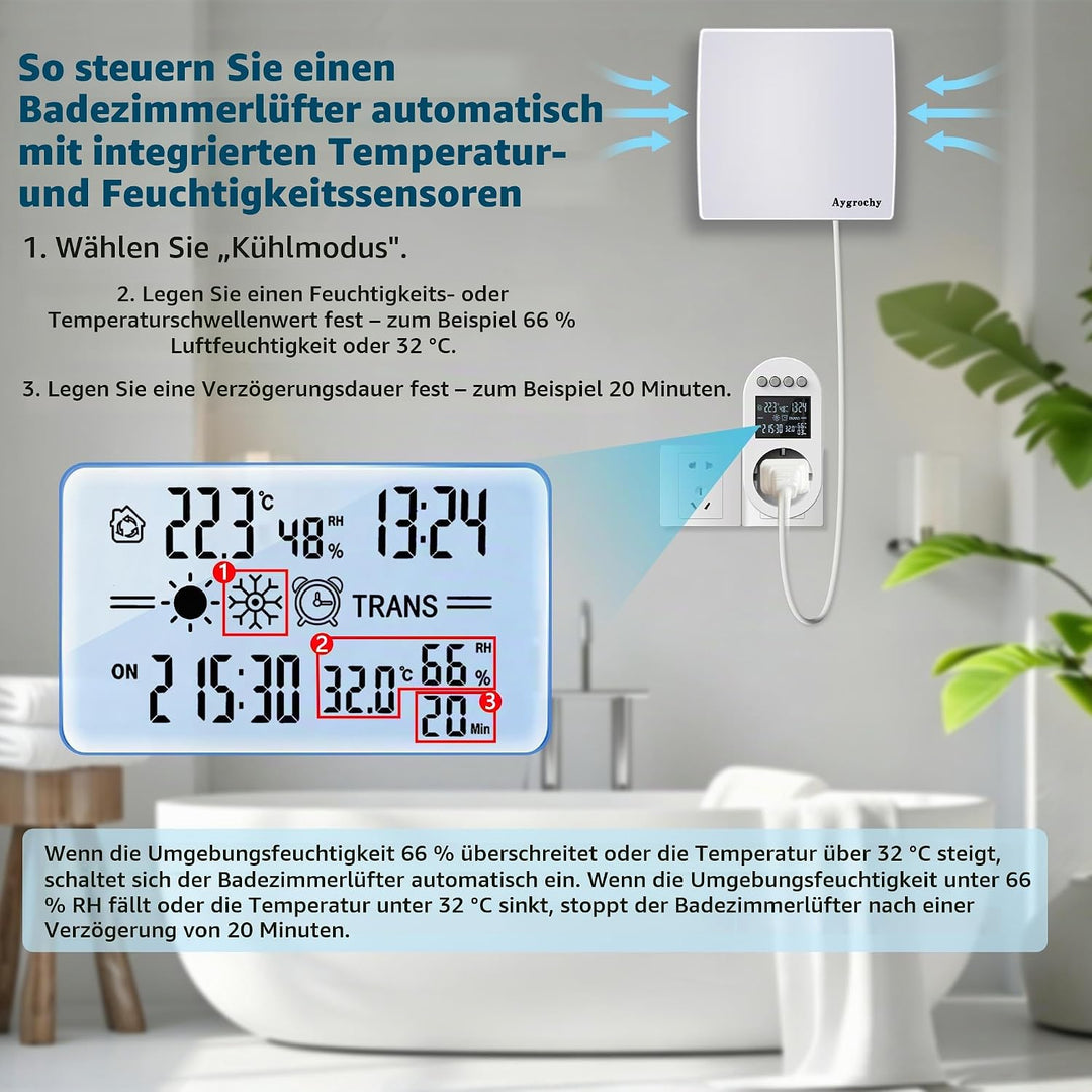 Aygrochy Badlüfter 100mm mit Steckdose, die Timer, nachlauf, Temperatur und Feuchtigkeitssensor- Abl