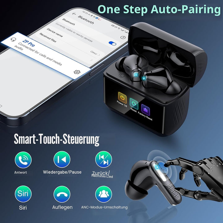 ZYHKON Bluetooth Kopfhörer mit Touchscreen, In Ear Kopfhörer Kabellos Bluetooth 5.4 mit ANC/ENC Mic