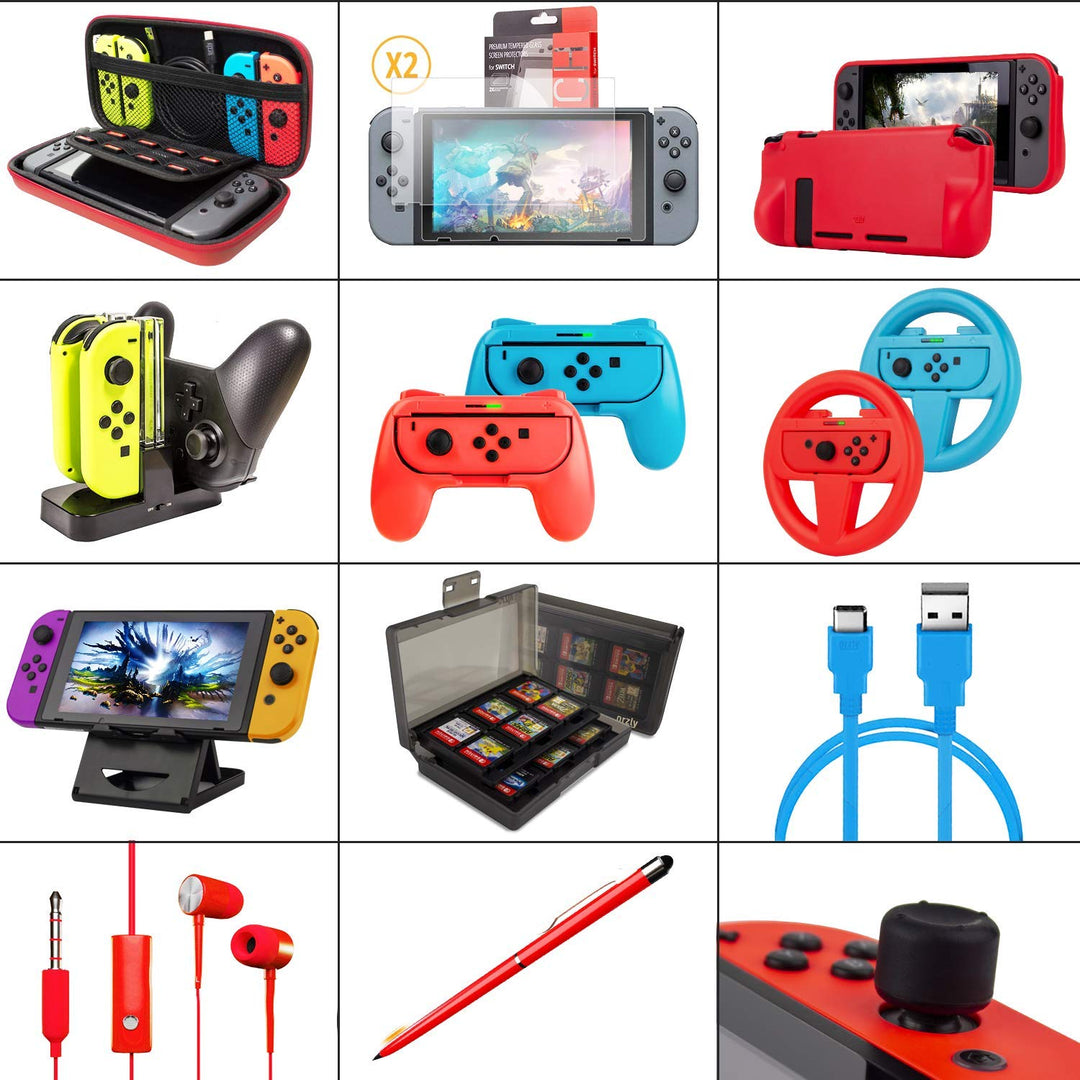 Switch Accessories Bundle - Orzly Geek Pack for Nintendo Switch: Case & Screen Protector, Joycon Gri