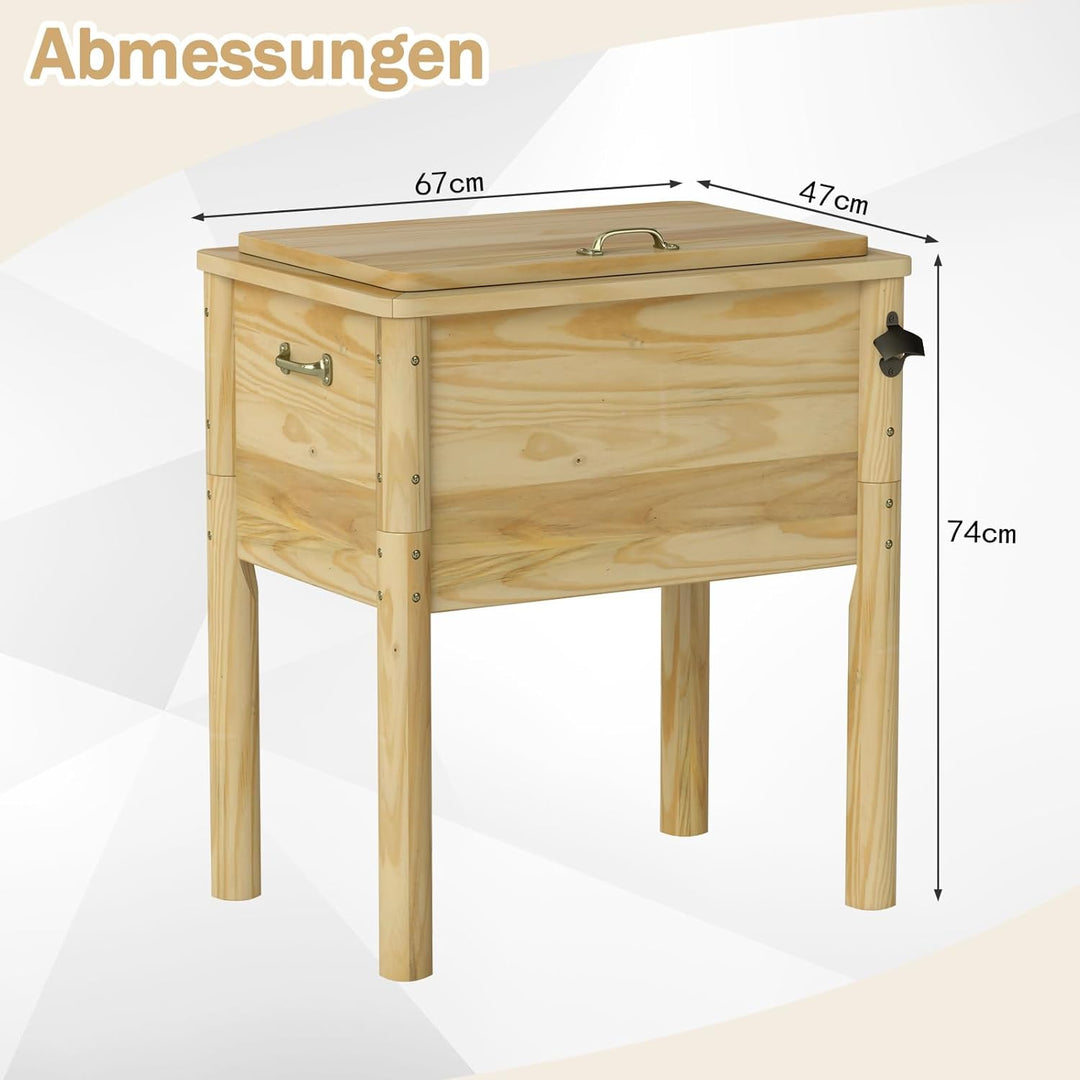 COSTWAY Getränkekühler Holz, 51 L Outdoor-Terrassenkühler mit 3 Griffen & Flaschenöffner, rustikale