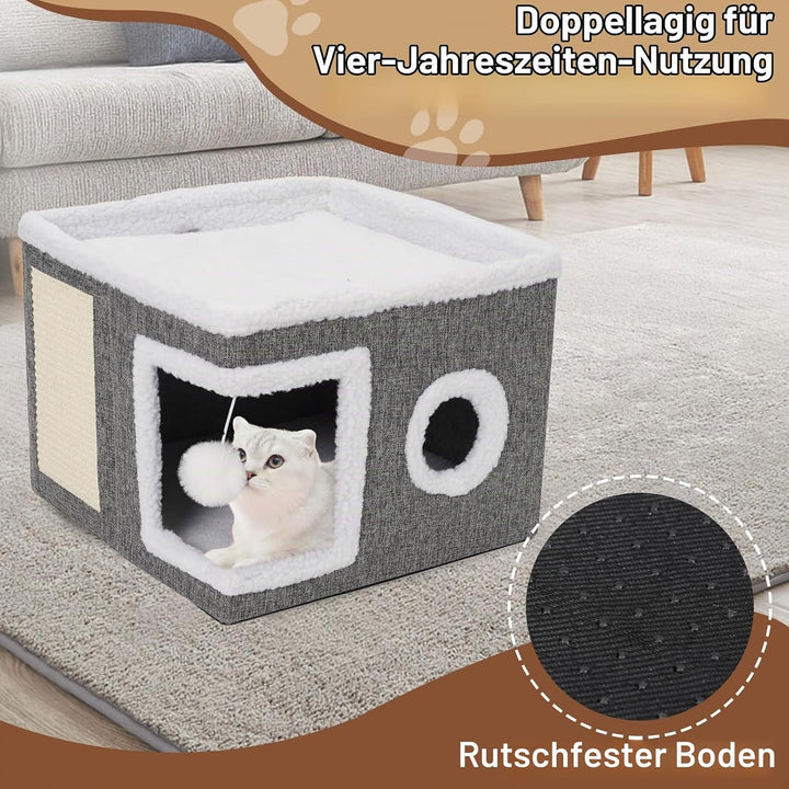 Katzenhaus Indoor Faltbare,40 x 40 x 31 cm mit Hängendem Spielzeug Katzenkratzbrett, Katzenloch, Was
