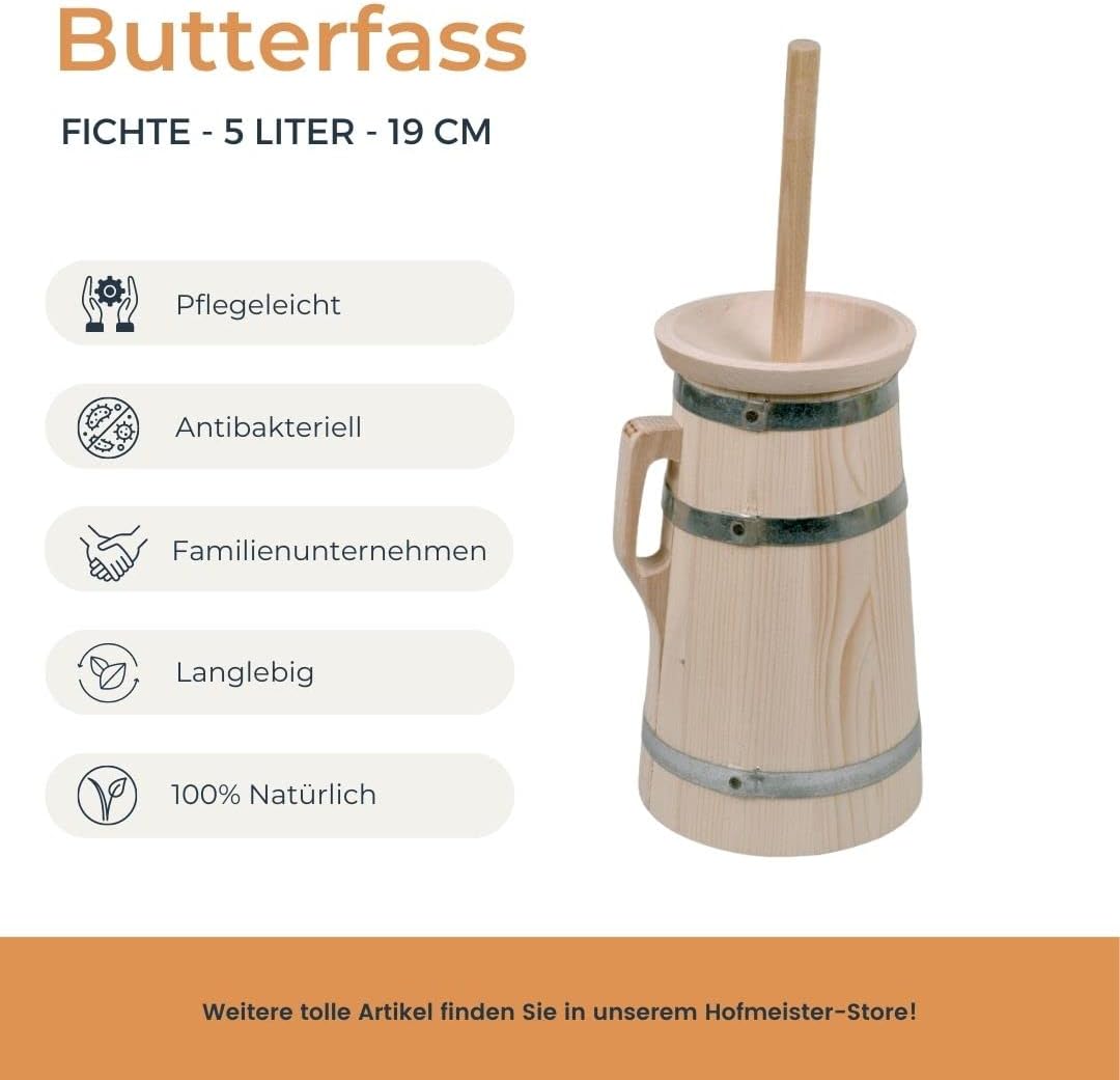 HOFMEISTER® Butterfass aus Holz, für 5 Liter Sahne, Butter selber Machen, authentische Böttcherware