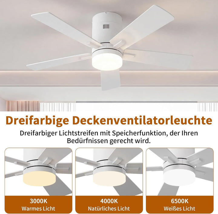 Deckenventilator mit Beleuchtung 106.6 cm, 5 Massivholzflügel (Weiss) | Ultraflaches Design 28 cm, 6