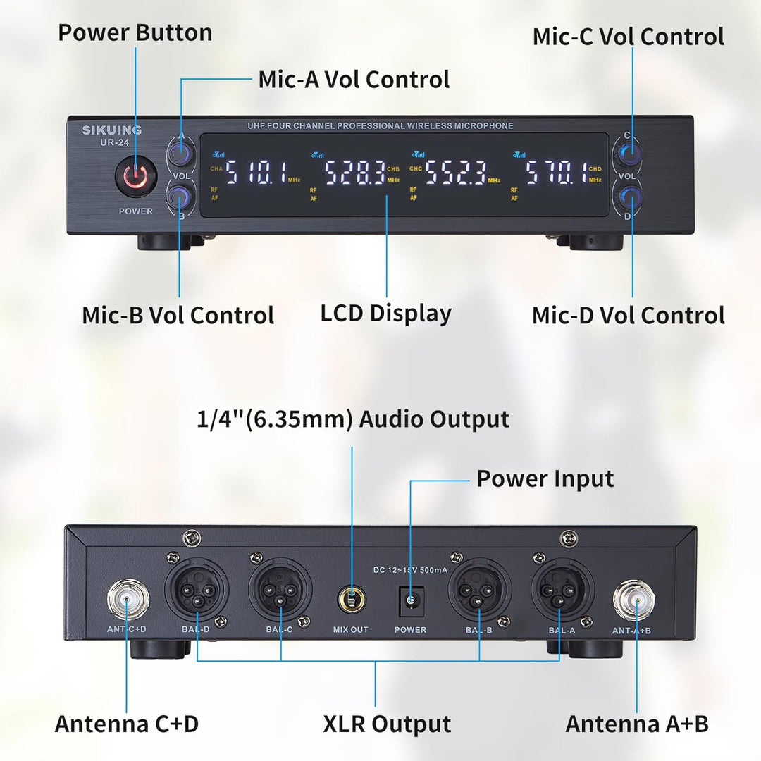4-Kanal Mikrofon Wireless Kabellos mit Lavalier-Kopfbügelmikrofonen, 4x50 einstellbare Frequenzen, i