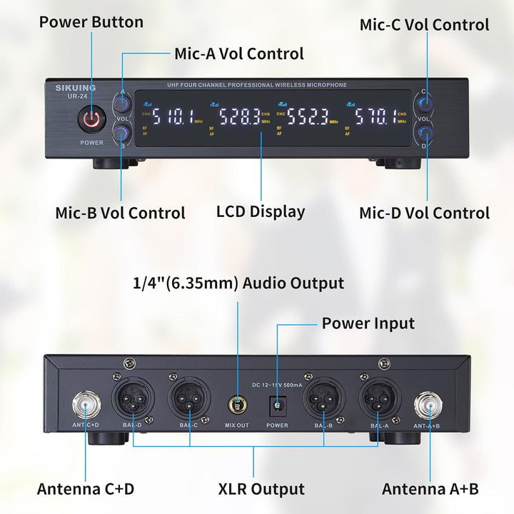 4-Kanal Mikrofon Wireless Kabellos mit Lavalier-Kopfbügelmikrofonen, 4x50 einstellbare Frequenzen, i