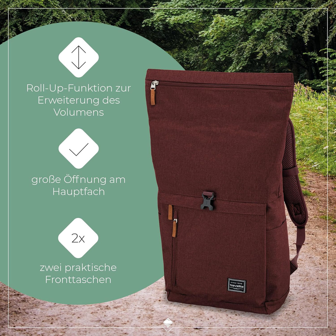 travelite Handgepäck Rucksack mit Laptop Fach 15,6 Zoll, Gepäck Serie BASICS Daypack Rollup: Praktis