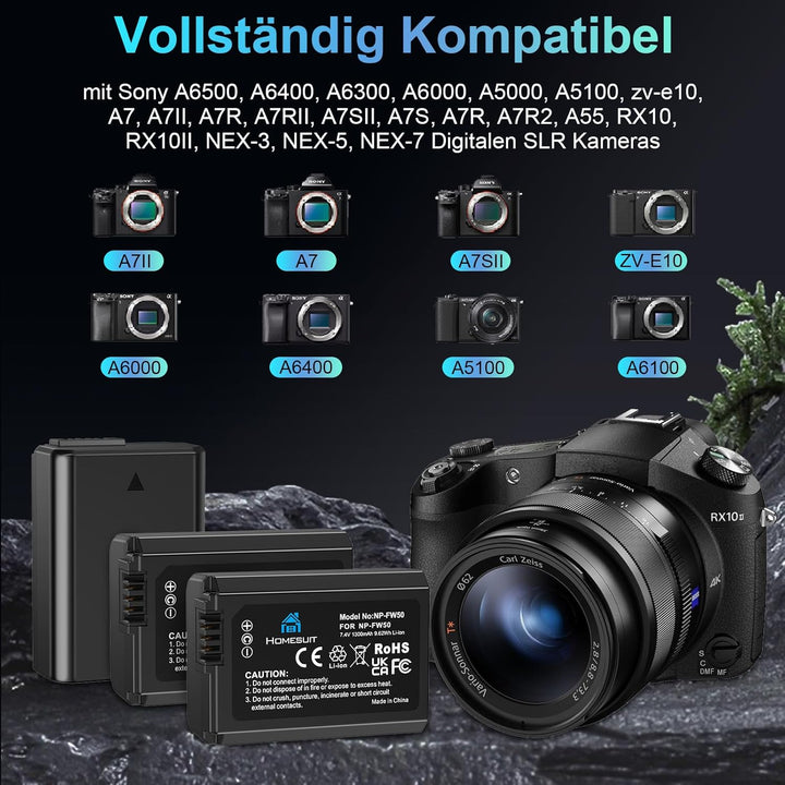 Homesuit NP-FW50 Akku 1300mAh und DREI Schlitze LCD Ladegerät Kit für Sony ZV-E10, Alpha A6000, A650