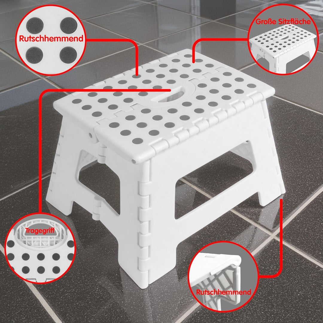 Tritthocker klappbar, Klapphocker faltbar 150 kg, 1 Stufe, rutschfest (Weiss, 35 x 22 x 29 cm) Weiss