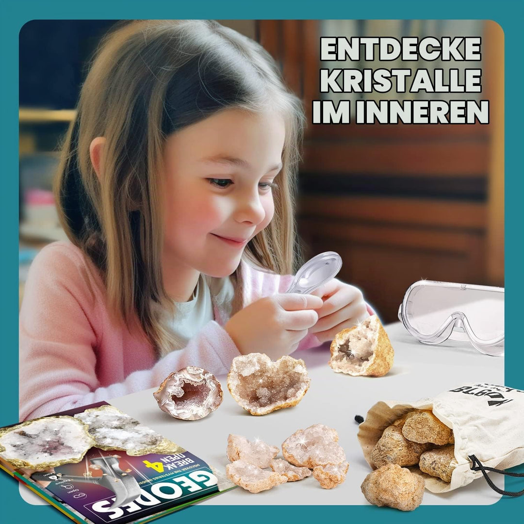Byncceh Geoden zum Aufbrechen – 4 aufbrechbare Geoden mit Schutzbrille, Lernhandbuch, Lupe &amp; Aufbewa