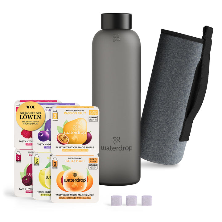 waterdrop® Starter Set Glass – 1x 1L Glass Bottle + 18 Getränkewürfel in 6 fruchtigen Sorten – Probi