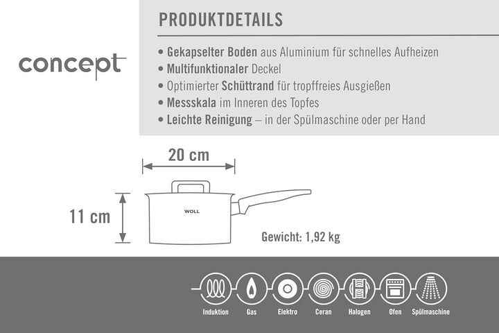 Woll Concept Stieltopf mit Deckel - Induktiv -, Ø 20 cm, 11 cm hoch, 3,4l - Geeignet für alle Herdar