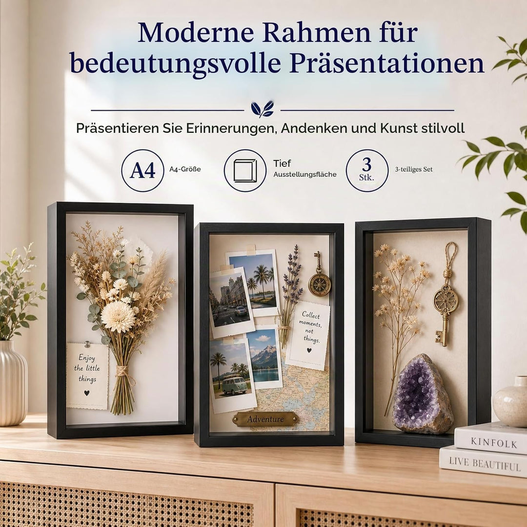 STARVAST 3 Stück 3D Bilderrahmen zum Befüllen, 3D Tief Objektrahmen A4, Schattenbox Vitrine Rahmen m
