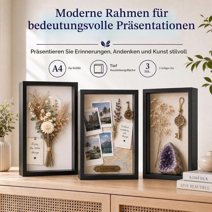 STARVAST 3 Stück 3D Bilderrahmen zum Befüllen, 3D Tief Objektrahmen A4, Schattenbox Vitrine Rahmen m