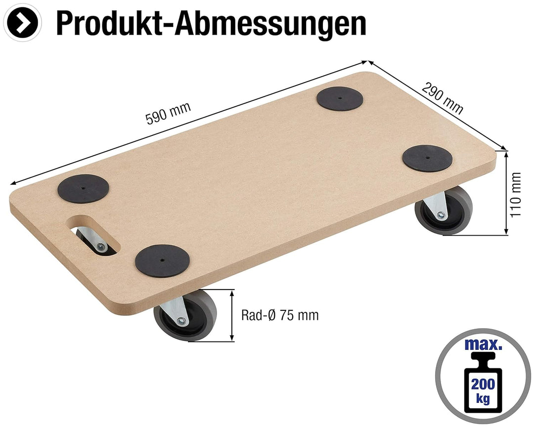 Metafranc Transportroller 590 x 290 mm - 200 kg Tragkraft - MDF-Platte - TPE-Räder / Möbelroller / T