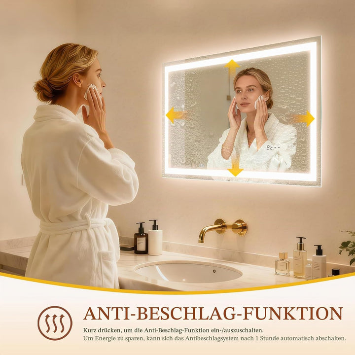 Clevich Badspiegel mit Beleuchtung und Uhr 70×50 cm, LED Spiegel mit 3 Lichtfarben dimmbar, gehärtet