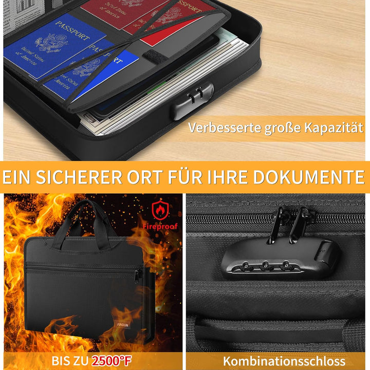 JUNDUN Feuerfeste Dokumententasche mit Schloss und Griff, Fächermappe A4 mit 13 Fächern und Reissver