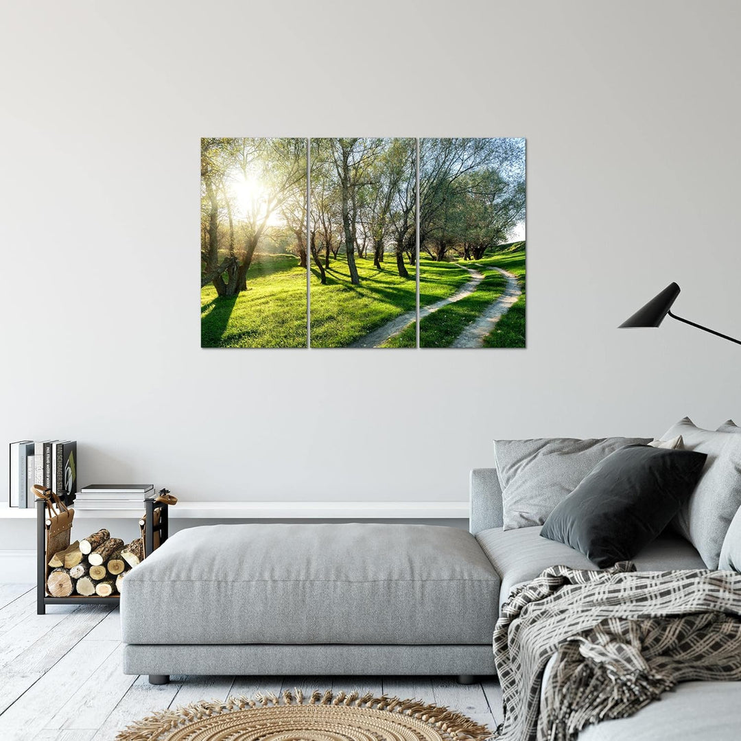 Runa Art Wandbilder Wald Landschaft Bild XXL Schlafzimmer Wohnzimmer Grün Sonne 120 x 80 cm 3 Teilig