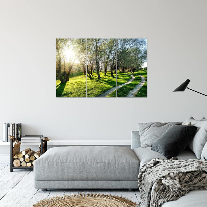 Runa Art Wandbilder Wald Landschaft Bild XXL Schlafzimmer Wohnzimmer Grün Sonne 120 x 80 cm 3 Teilig