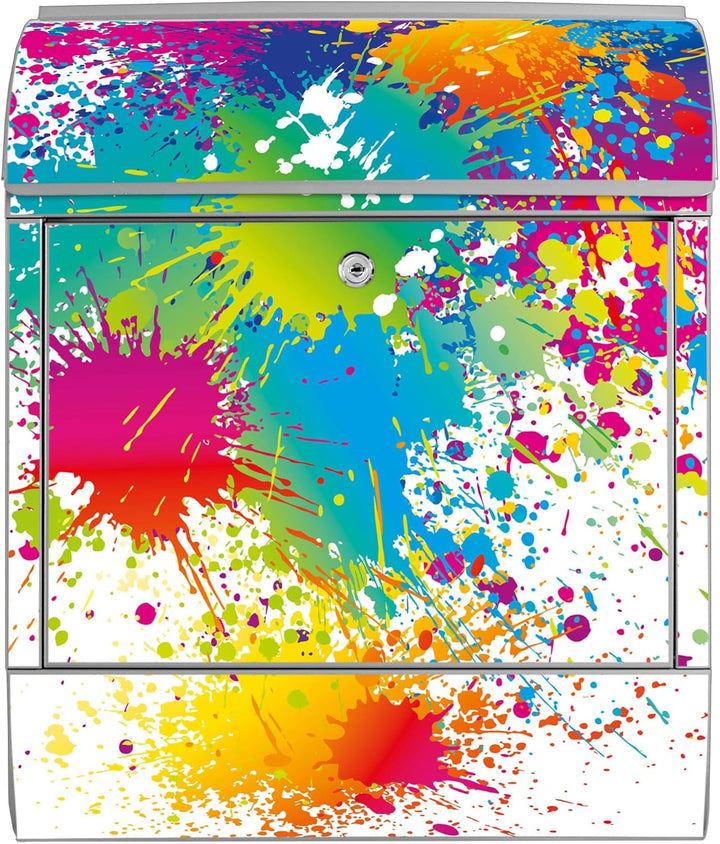 banjado® Design Briefkasten mit Motiv Farbspritzer 39x47x14cm &amp; 2 Schlüssel - Briefkasten Stahl Silb