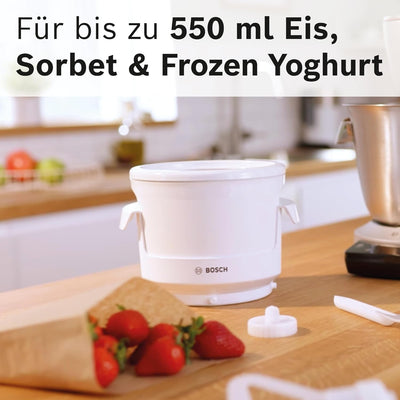 Bosch Eisbereiter, MUZ9EB1, 550ml Eis, selbstgemachtes Eis, Sorbet und Frozen Yoghurt, weiss, passen