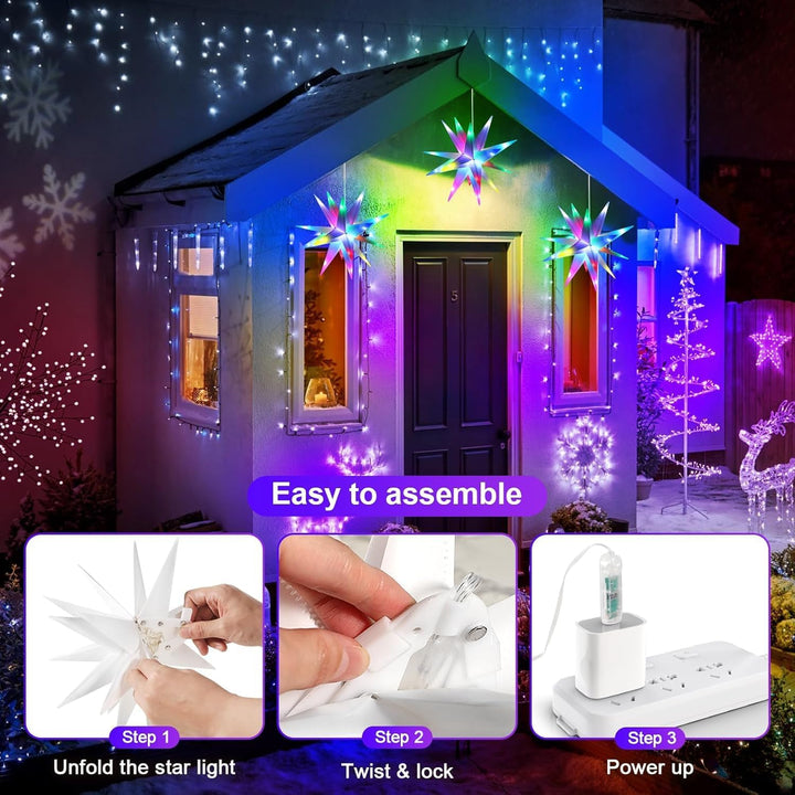 3D LED Leuchtstern Garten, Weiss LED inkl. Warm & Colorful LED Beleuchtung with Remote Control Star